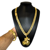 Cordão+Pulseira Grumet 13mm Pingente São Jorge Cravejado Banhado a Ouro 18k