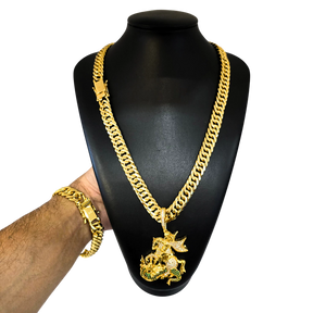 Cordão+Pulseira Grumet 13mm Pingente São Jorge Cravejado Banhado a Ouro 18k