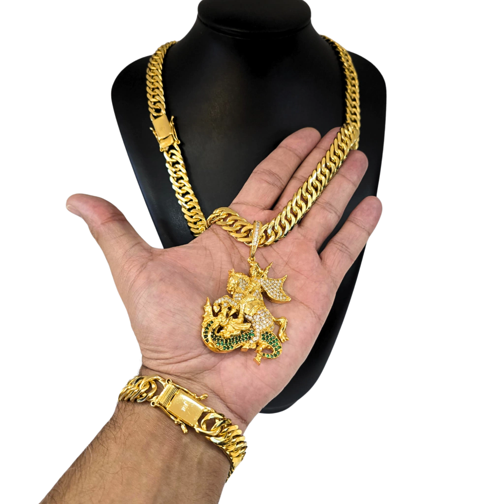 Cordão+Pulseira Grumet 13mm Pingente São Jorge Cravejado Banhado a Ouro 18k
