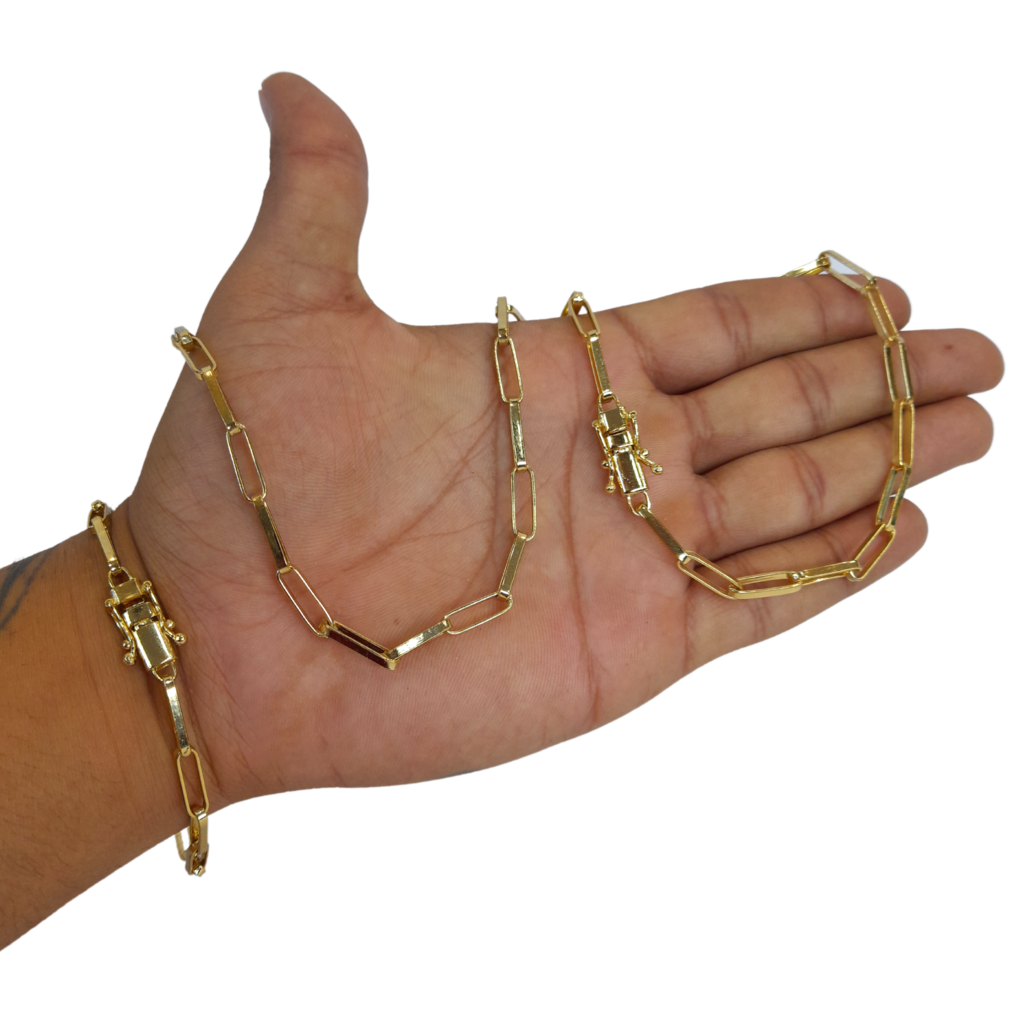 Cordão+Pulseira Bloquinho Alongado 5mm Banhado a Ouro 18k