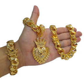 Cordão+Pulseira Friso S 16mm Pingente Fé Mãos Coração Banhado a Ouro 18k