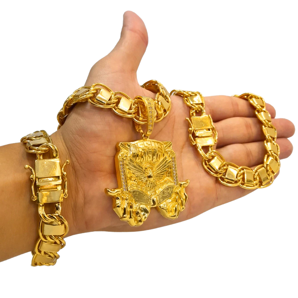 Cordão+Pulseira Dubai 15mm Fecho Duplo Pingente Espírito Santo Bíblia Banhado a Ouro 18k
