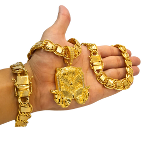 Cordão+Pulseira Dubai 15mm Fecho Duplo Pingente Espírito Santo Bíblia Banhado a Ouro 18k