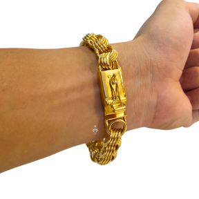 Cordão+Pulseira Friso Quadruplo 13mm+Pingente Nossa Senhora Banhado a Ouro 18k