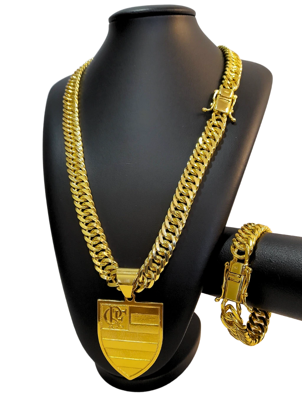 Cordão+Pulseira Grumet 13mm Pingente Flamengo Banhado a Ouro 18k
