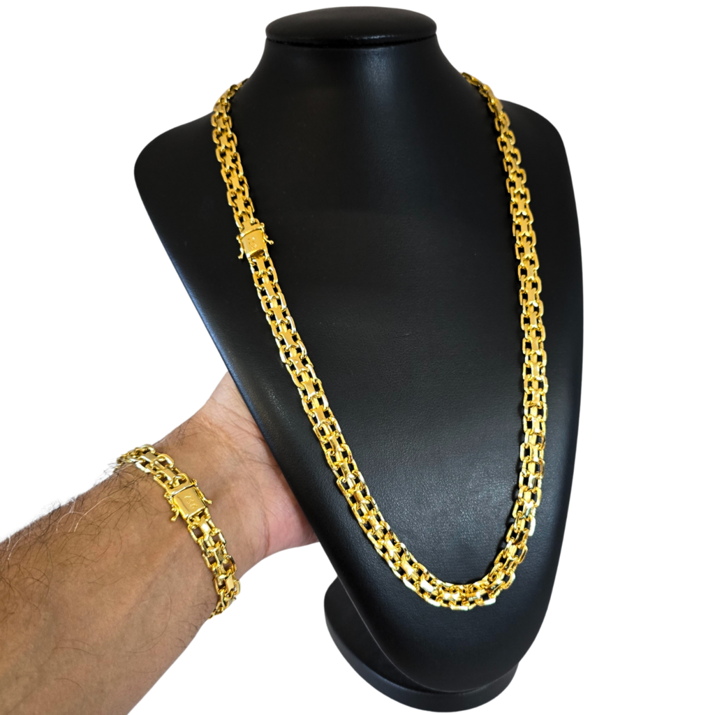Cordão + Pulseira Cadeado Duplo 10mm Banhado a Ouro 18k