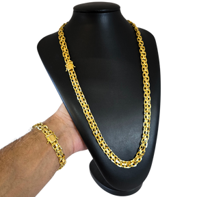 Cordão + Pulseira Cadeado Duplo 10mm Banhado a Ouro 18k