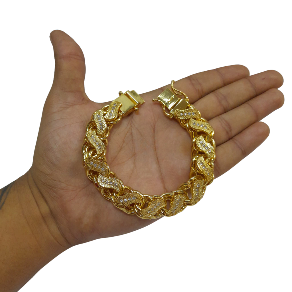 Pulseira Friso S 16mm Cravejado Banhado a Ouro 18k