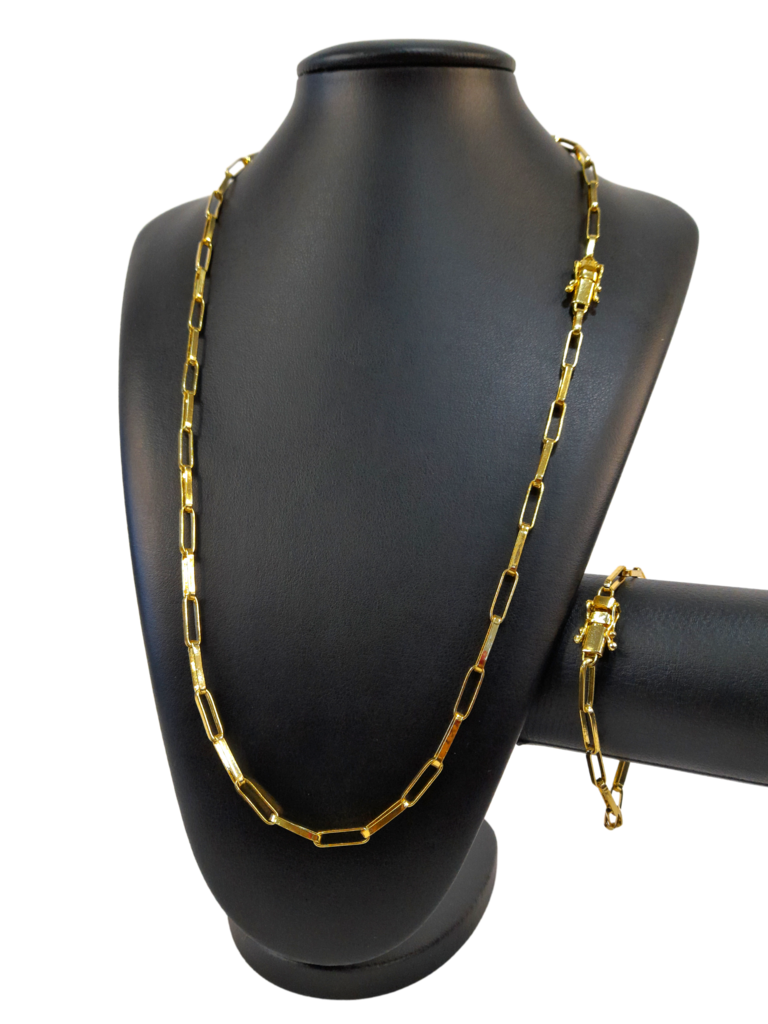 Cordão+Pulseira Bloquinho Alongado 5mm Banhado a Ouro 18k