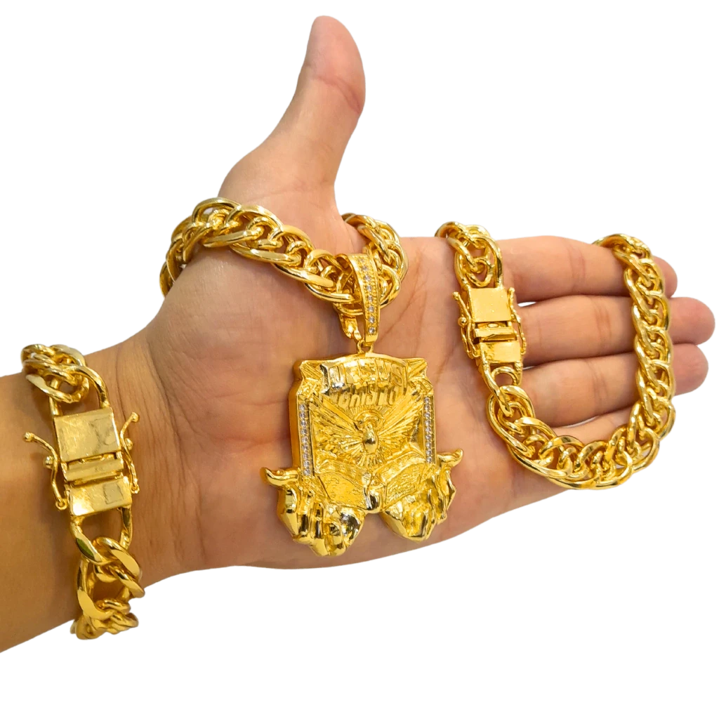 Cordão+Pulseira Romano 15mm Fecho Duplo Pingente Espírito Santo Bíblia Banhado a Ouro 18k