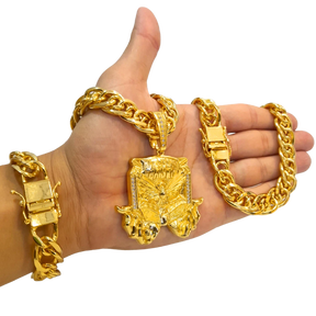 Cordão+Pulseira Romano 15mm Fecho Duplo Pingente Espírito Santo Bíblia Banhado a Ouro 18k