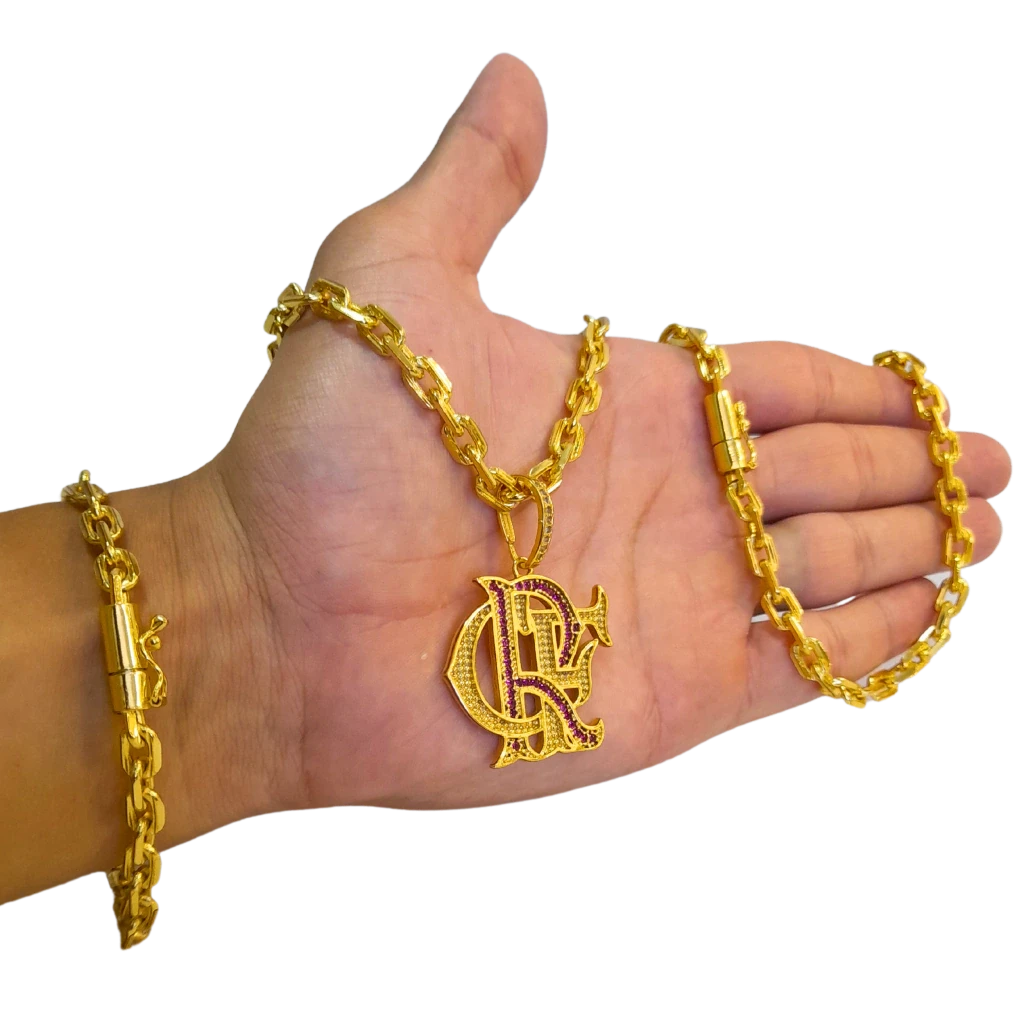 Cordão+Pulseira cadeado 7mm Pingente crf cravejado vermelho banhado a ouro 18k