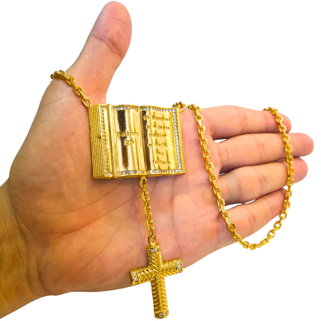 Terço Cadeado 3mm com Bíblia Salmo 23 + Pingente Cruz Cravejada Banhado a Ouro 18k