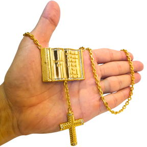 Terço Cadeado 3mm com Bíblia Salmo 23 + Pingente Cruz Cravejada Banhado a Ouro 18k
