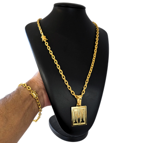 Cordão + Pulseira Cadeado 7mm + Pingente Letra Banhado a Ouro 18k