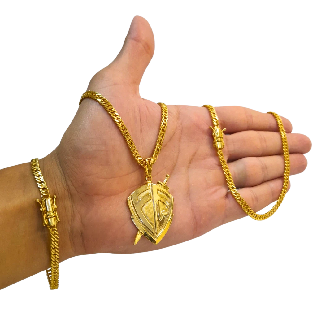 Cordão+Pulseira grumet 5mm Pingente fé escudo banhado a ouro 18k