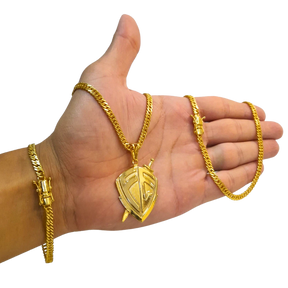 Cordão+Pulseira grumet 5mm Pingente fé escudo banhado a ouro 18k