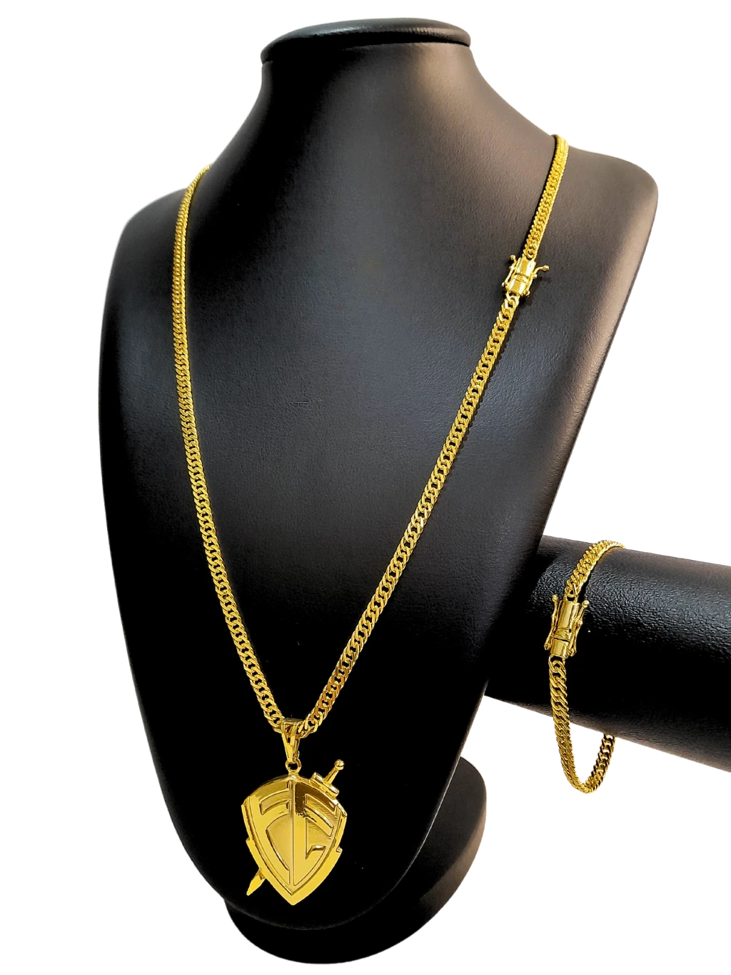 Cordão+Pulseira grumet 5mm Pingente fé escudo banhado a ouro 18k