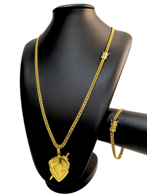 Cordão+Pulseira grumet 5mm Pingente fé escudo banhado a ouro 18k