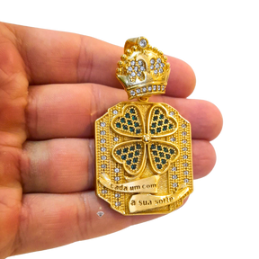 Cordão+Pulseira Cadeado Duplo 10mm+Pingente Trevo da Sorte Banhado a ouro 18k