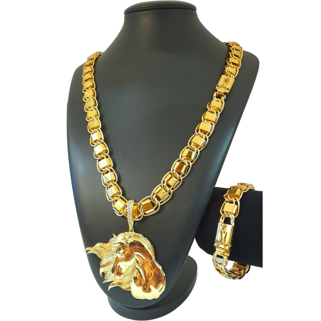 Cordão+Pulseira Dubai 15mm+Pingente Cavalo Égua Pônei Banhado a ouro 18k