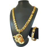 Cordão+Pulseira Dubai 15mm+Pingente Cavalo Égua Pônei Banhado a ouro 18k