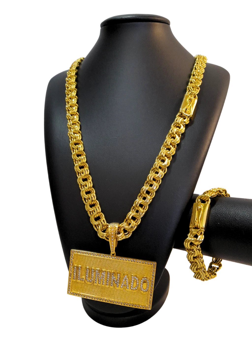 Cordão+Pulseira Friso Triplo 13mm Pingente Iluminado Cravejado Banhado a Ouro 18k