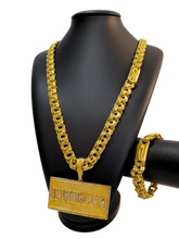 Cordão+Pulseira Friso Triplo 13mm Pingente Iluminado Cravejado Banhado a Ouro 18k
