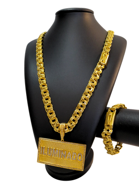 Cordão+Pulseira Friso Triplo 13mm Pingente Iluminado Cravejado Banhado a Ouro 18k