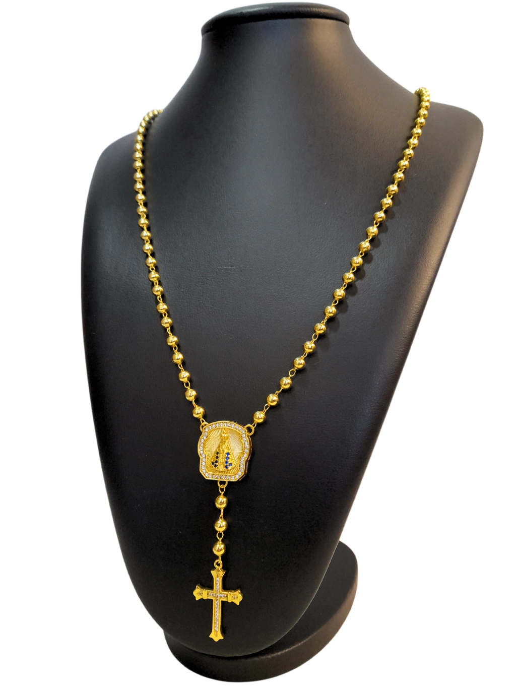 Cordão Terço 80cm Nossa Senhora Com Cruz Gótica Cravejado Banhado a Ouro 18k