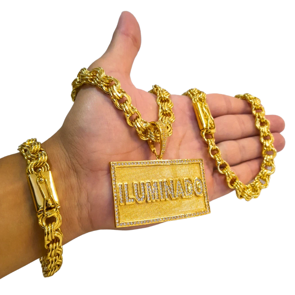 Cordão+Pulseira Friso Triplo 13mm Pingente Iluminado Cravejado Banhado a Ouro 18k