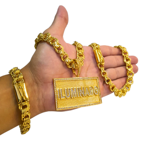 Cordão+Pulseira Friso Triplo 13mm Pingente Iluminado Cravejado Banhado a Ouro 18k