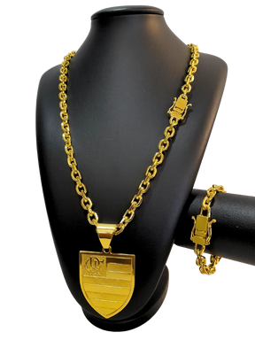 Cordão+Pulseira Cadeado 9mm Pingente Flamengo Banhado a Ouro 18k