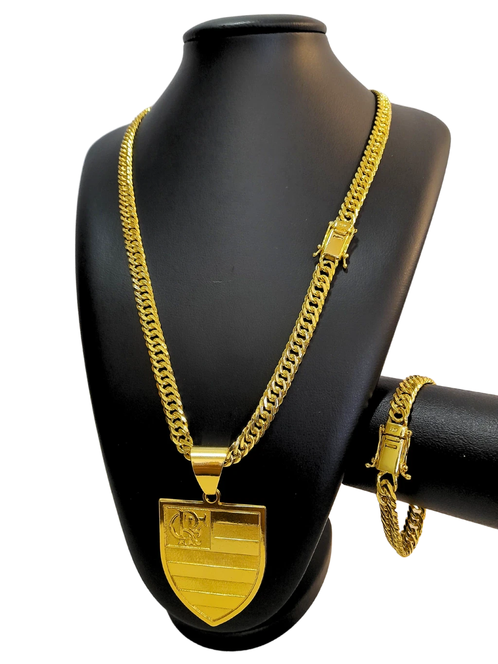 Cordão+Pulseira Grumet 9mm Pingente Flamengo Banhado a Ouro 18k