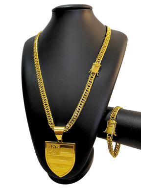Cordão+Pulseira Grumet 9mm Pingente Flamengo Banhado a Ouro 18k