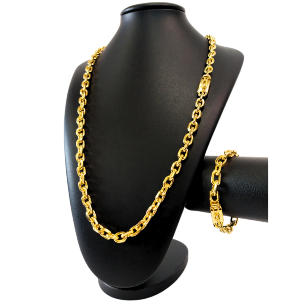 Cordão+Pulseira Cadeado - 9mm - Fecho Gaveta - Banhado a Ouro 18k