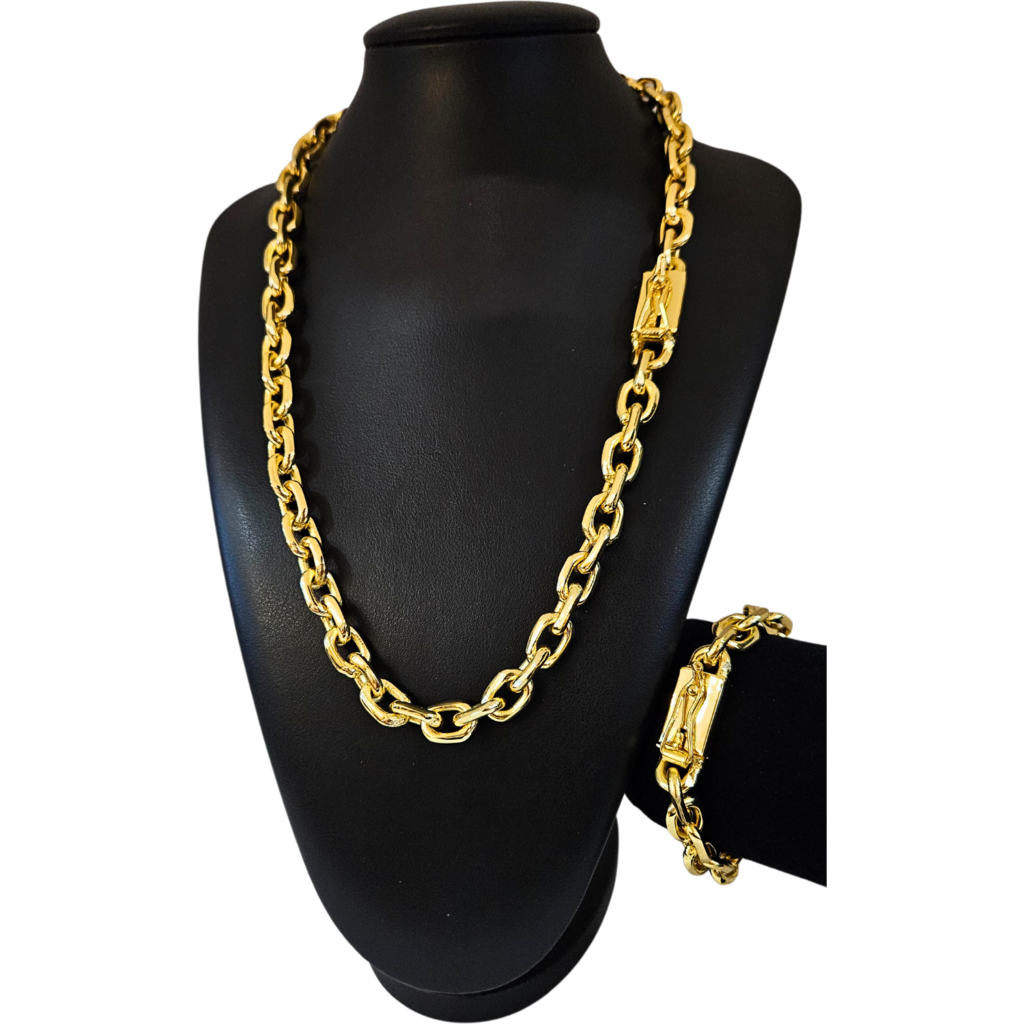 Cordão+Pulseira Cadeado 12mm Banhado a Ouro 18k