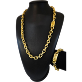Cordão+Pulseira Cadeado 12mm Banhado a Ouro 18k