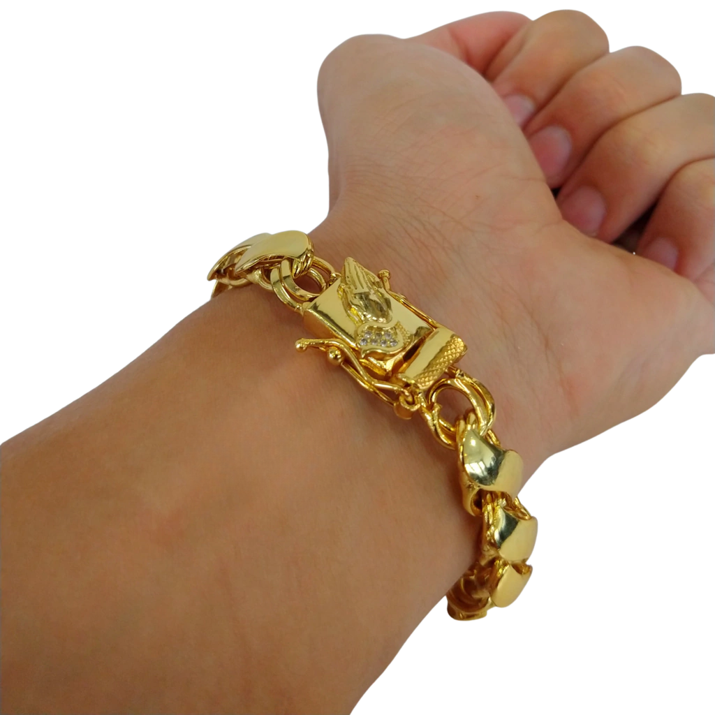 Pulseira Friso S 13mm Fecho Mãos Banhado a Ouro 18k
