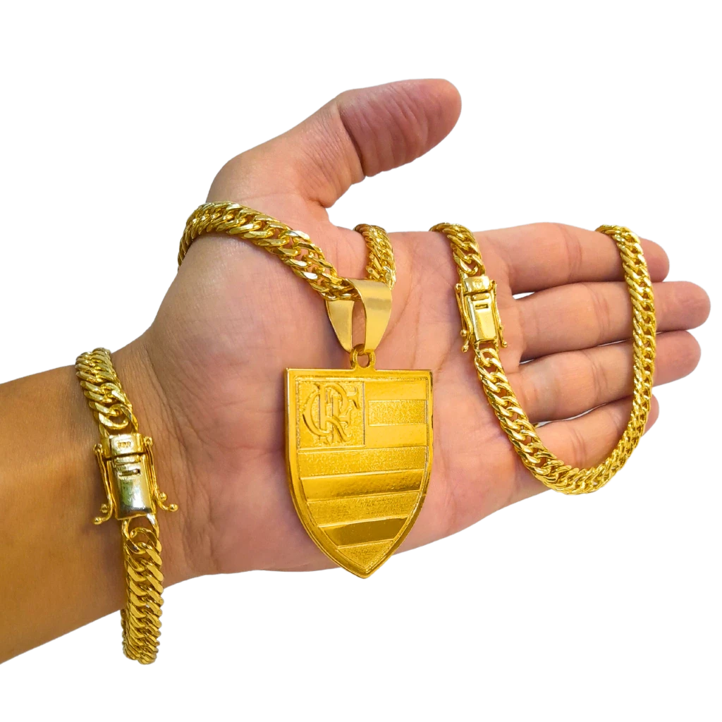 Cordão+Pulseira Grumet 9mm Pingente Flamengo Banhado a Ouro 18k
