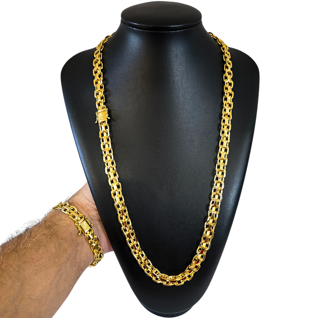 Cordão + Pulseira Cadeado Duplo 10mm Banhado a Ouro 18k
