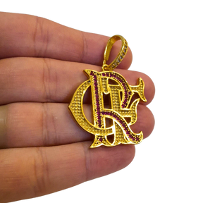 Cordão+Pulseira cadeado 7mm Pingente crf cravejado vermelho banhado a ouro 18k