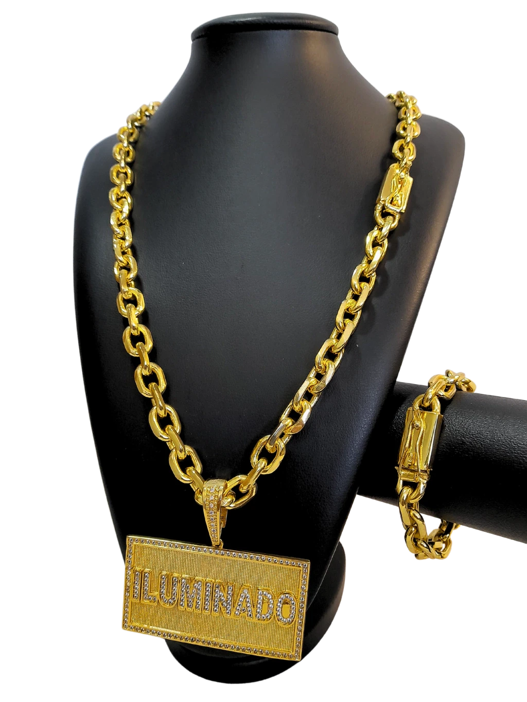 Cordão+Pulseira Cadeado 13mm Pingente Iluminado Cravejado Banhado a Ouro 18k