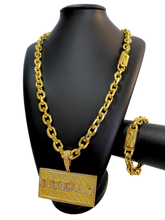 Cordão+Pulseira Cadeado 13mm Pingente Iluminado Cravejado Banhado a Ouro 18k