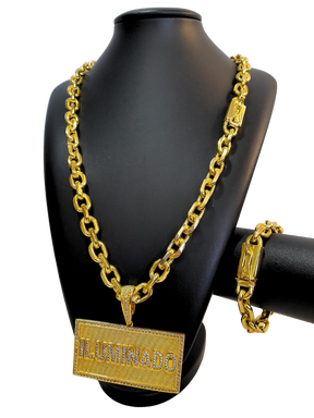 Cordão+Pulseira Cadeado 13mm Pingente Iluminado Cravejado Banhado a Ouro 18k