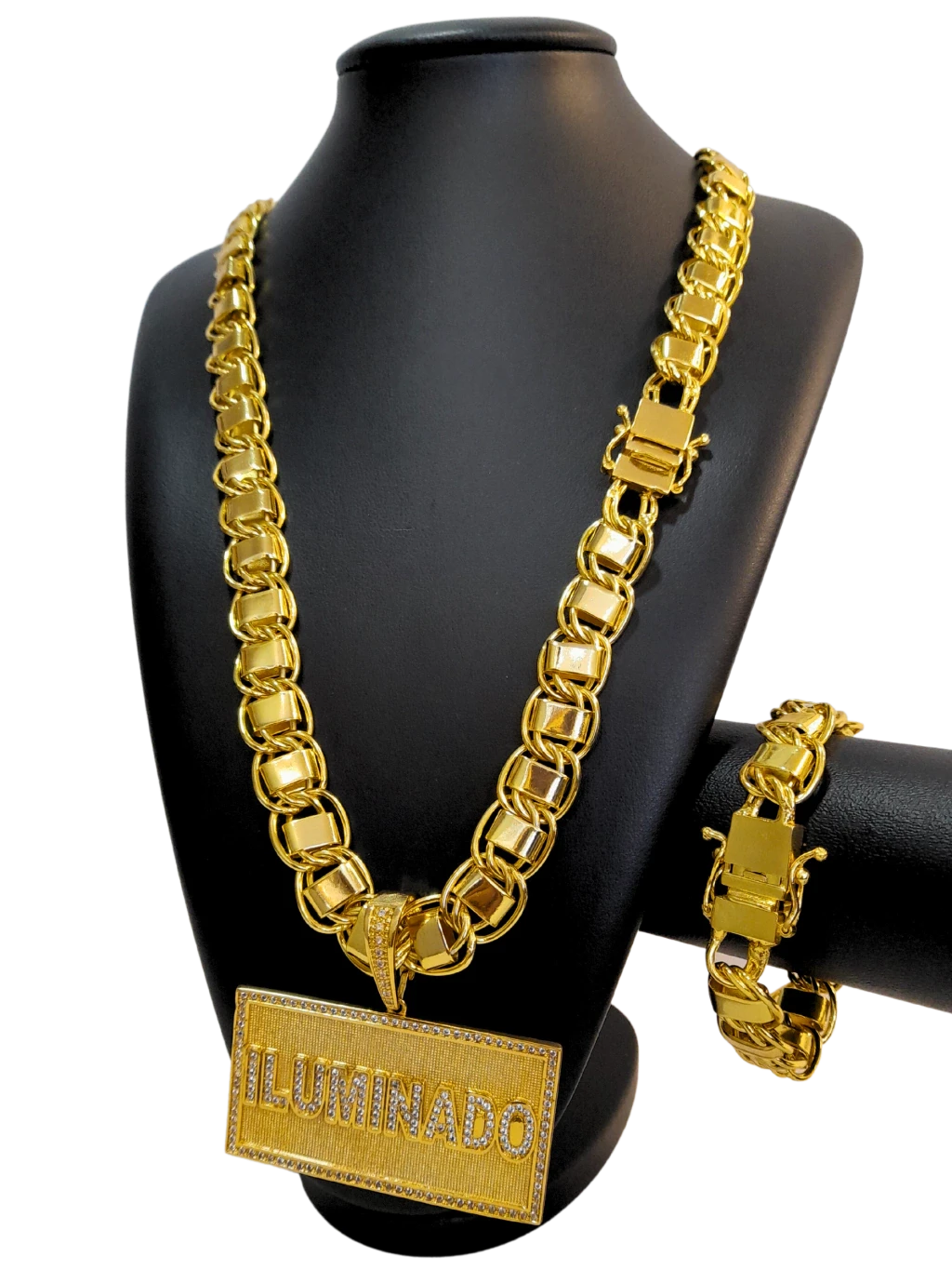 Cordão+Pulseira Dubai 15mm Pingente Iluminado Cravejado Banhado a Ouro 18k