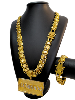 Cordão+Pulseira Dubai 15mm Pingente Iluminado Cravejado Banhado a Ouro 18k