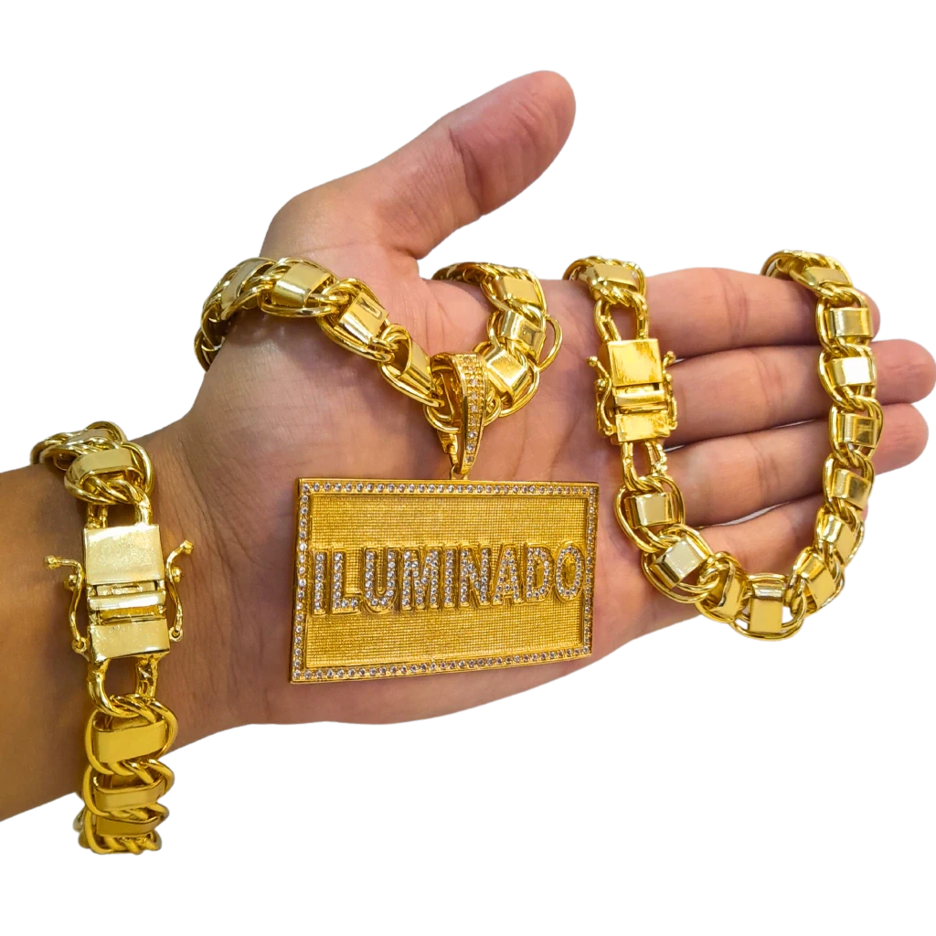 Cordão+Pulseira Dubai 15mm Pingente Iluminado Cravejado Banhado a Ouro 18k