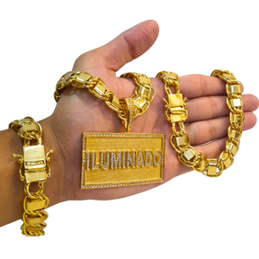 Cordão+Pulseira Dubai 15mm Pingente Iluminado Cravejado Banhado a Ouro 18k