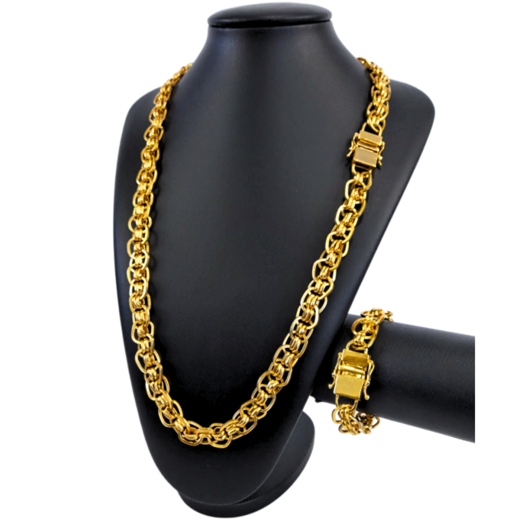 Cordão+Pulseira Imperador 13mm Fecho Duplo Banhado Ouro 18k